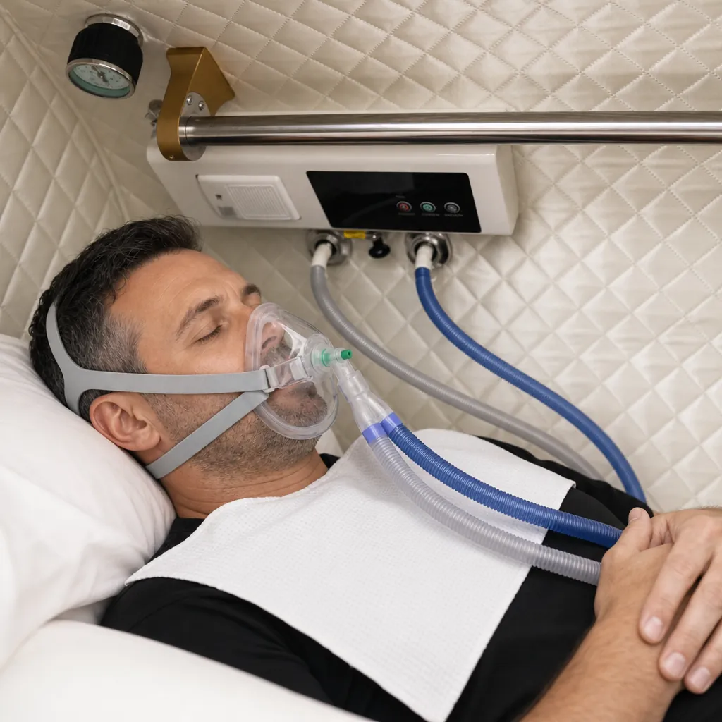 Man reclining inside the chamber wearing the BIBS facemask connected to the interior control panel