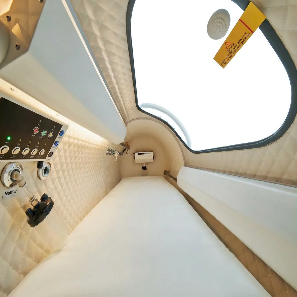 Interior length of the 40-inch lying hyperbaric chamber showing the padded mattress, control panel, and curved viewing window