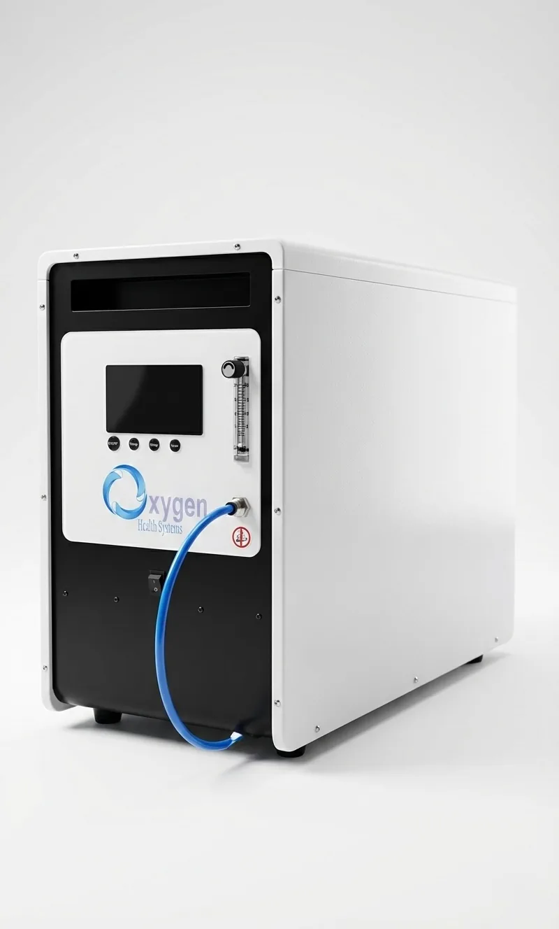 Standard 20 LPM Oxygen Health Systems oxygen generator with digital controller, flow meter, and blue oxygen output line